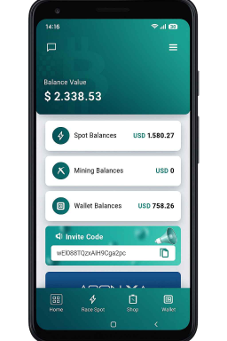 Mining Race Mobile App Demo - Dashboard mit Mining Statistiken und Earnings auf mobilem Gerät